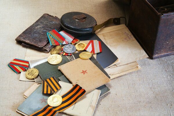 Awards and medals with documents on Victory Day on May 9