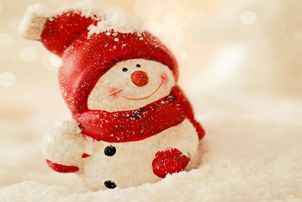 A cheerful snowman in a red scarf and a red hat