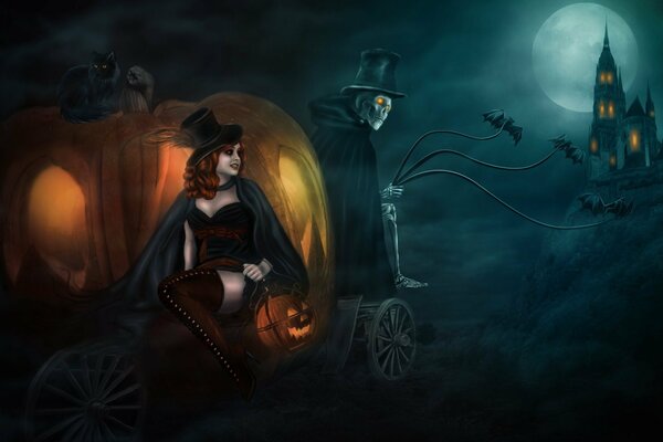 Halloween girl in a carriage on a castle background