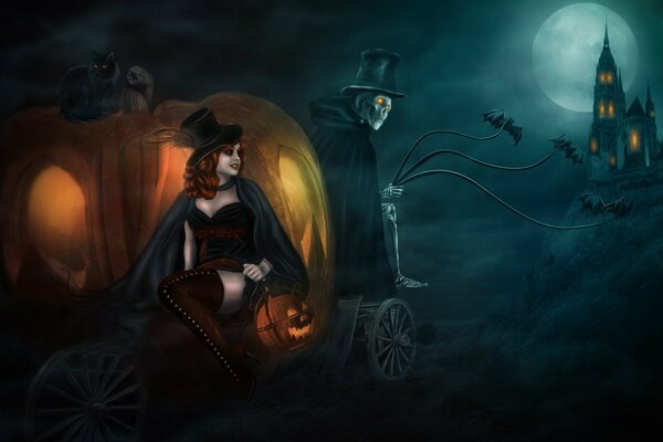 Chica de Halloween en el carruaje en el fondo del castillo
