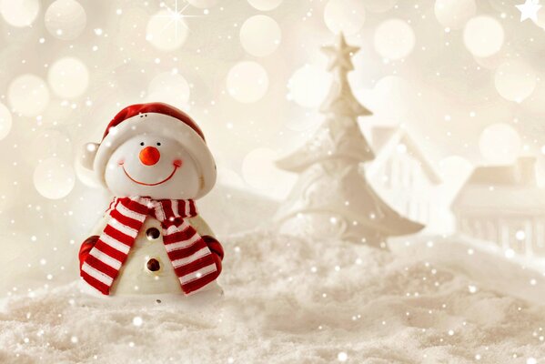 A snowman in a striped scarf on a winter background