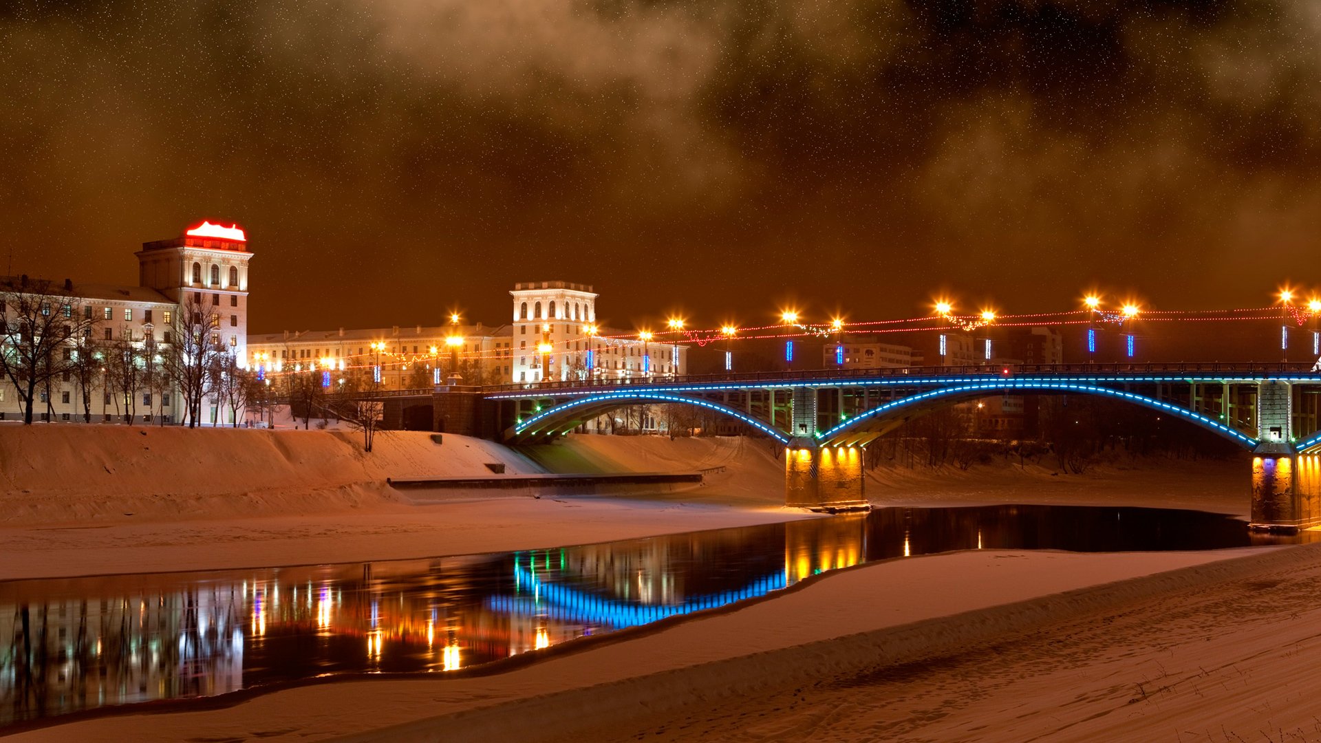 bridge river winter night