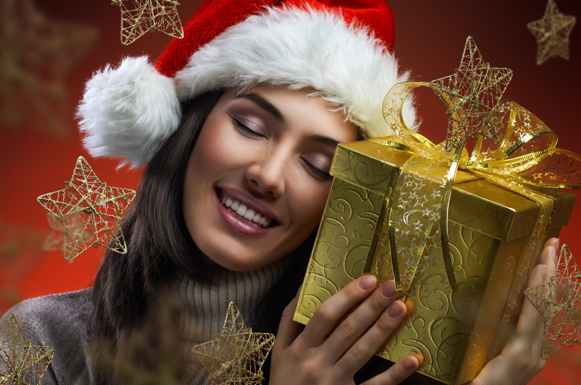 ragazza ragazza donna felice sorriso fare occhi nuovo anno natale vacanza decorazione