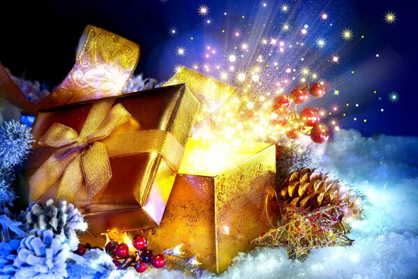 Bright gift box with golden sparks