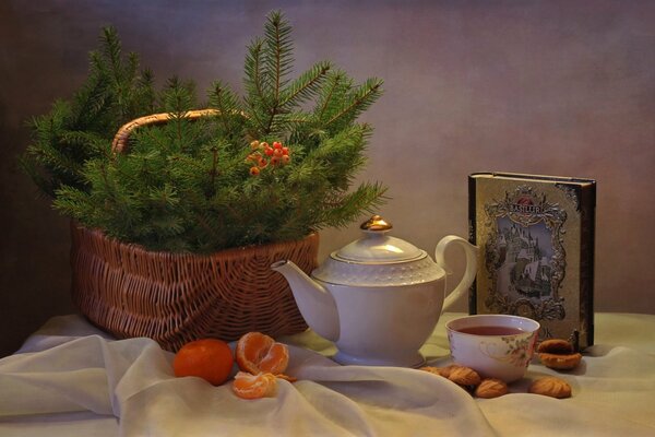 Weihnachtsstimmung mit Tee und Mandarinen