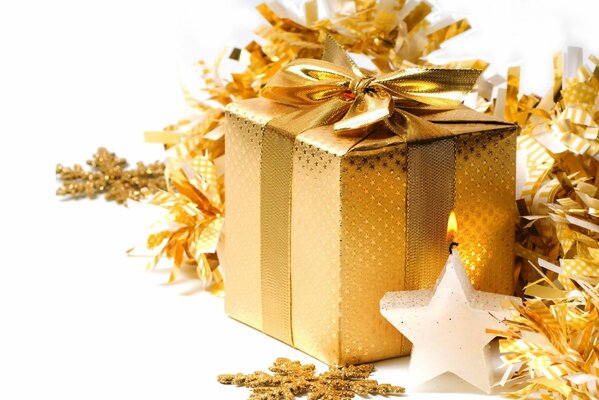 Golden box with snowflakes and stars