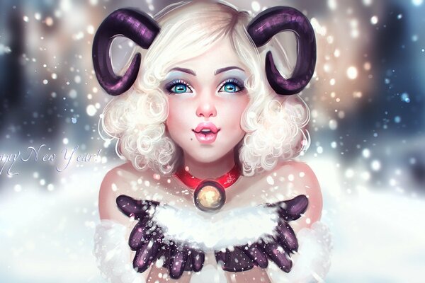 Arte imagen chica con cuernos infla copos de nieve