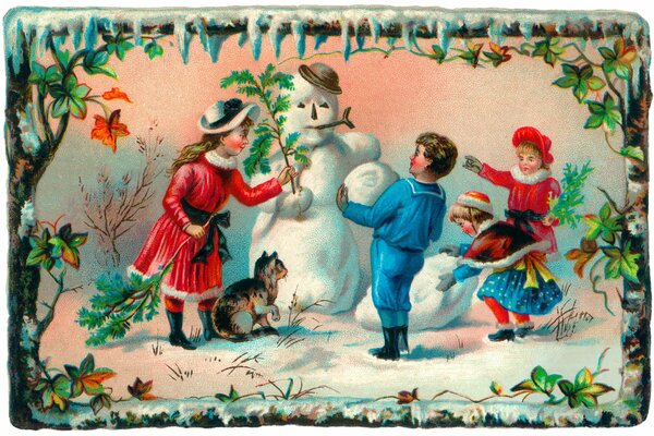 Cartolina d epoca con bambini e pupazzo di neve