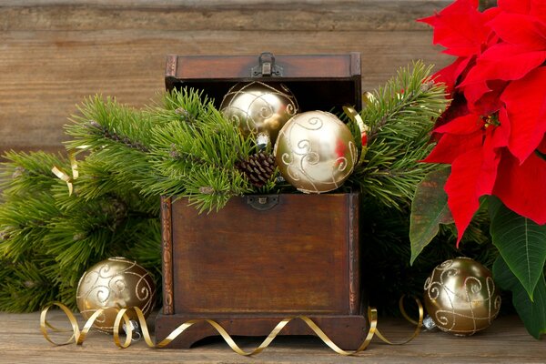 Boules de Noël et sapin dans une boîte à bijoux