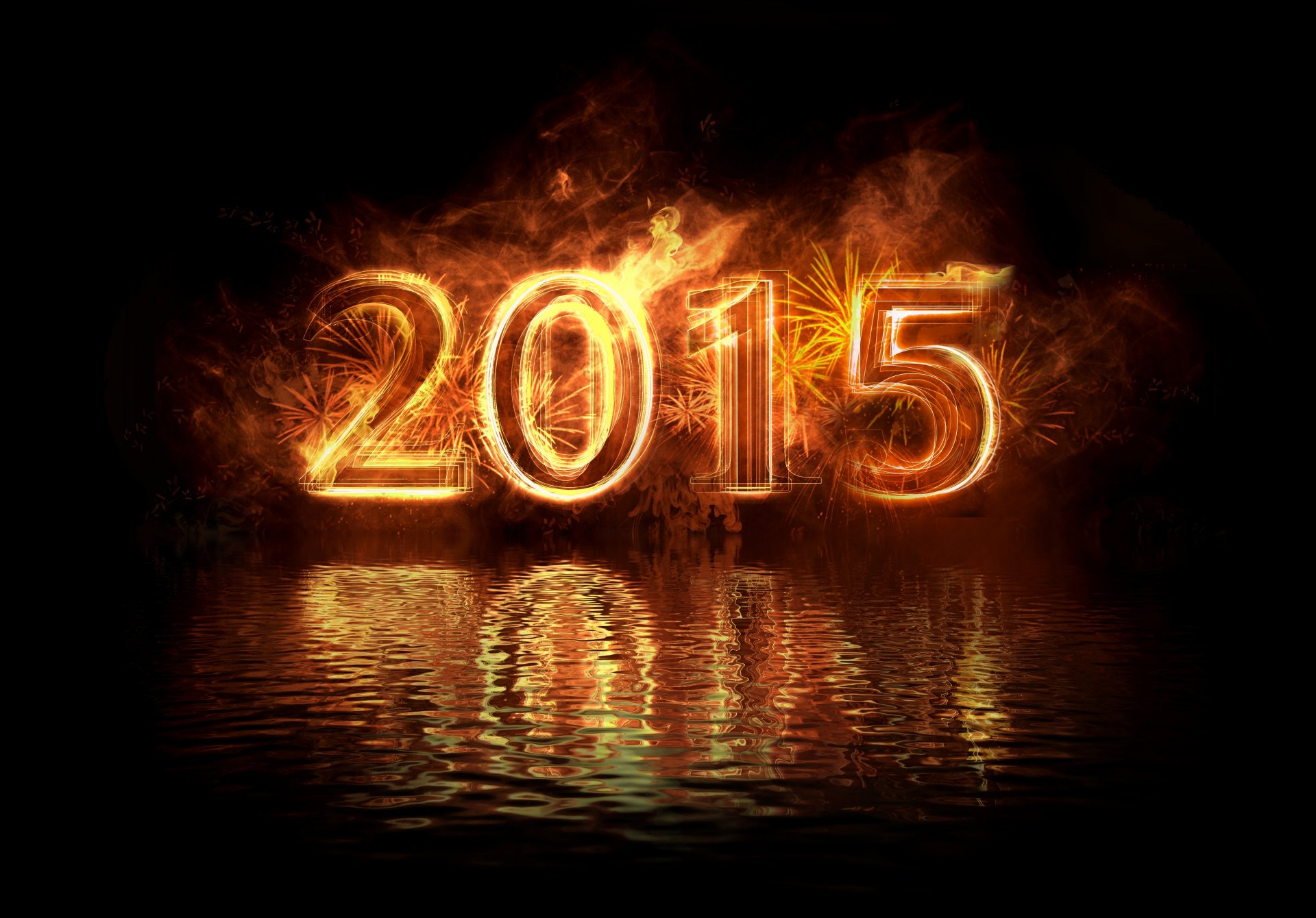 happy new year 2015 gold fire water reflection