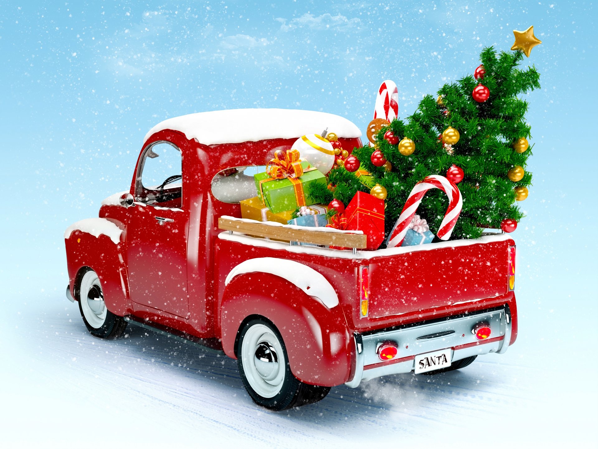 new year christmas winter snow truck christmas tree