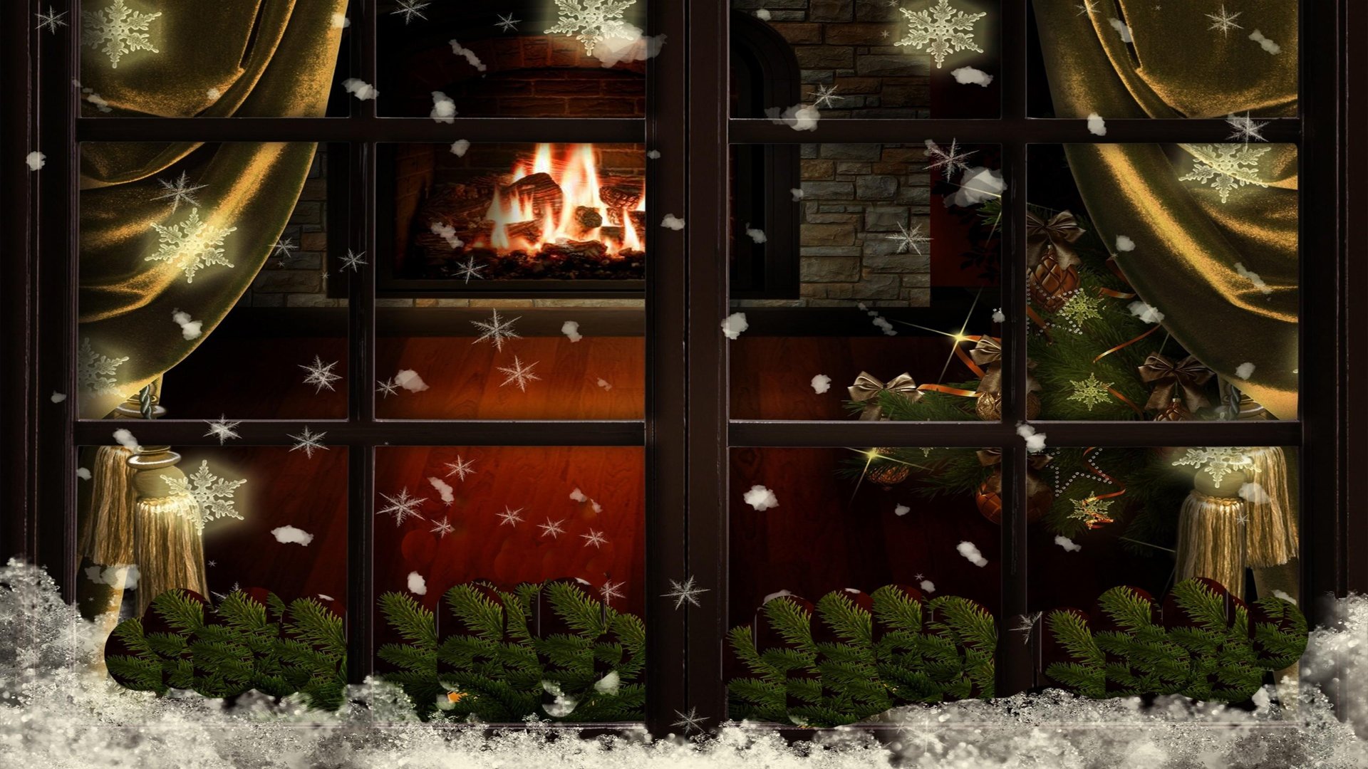 christmas tree window snowflakes christmas fireplace