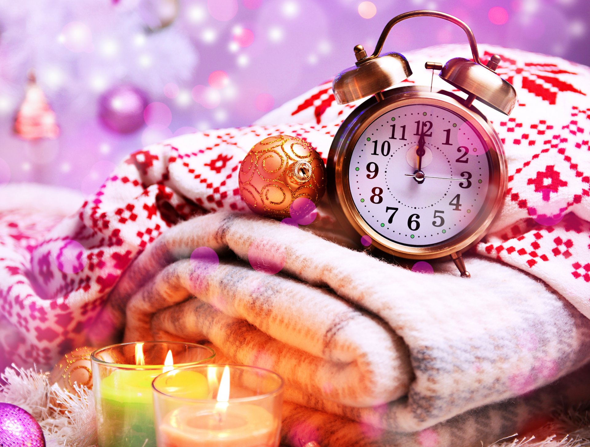 new year christmas holidays clock alarm clock hands numbers candles plaid toys christmas tree balls bokeh