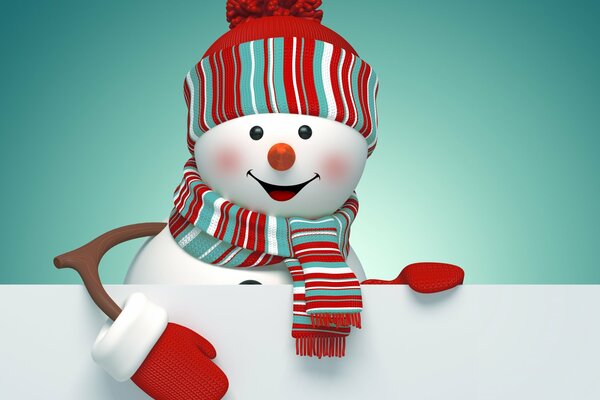Веселый нарисованный снеговик смотрит в камеру