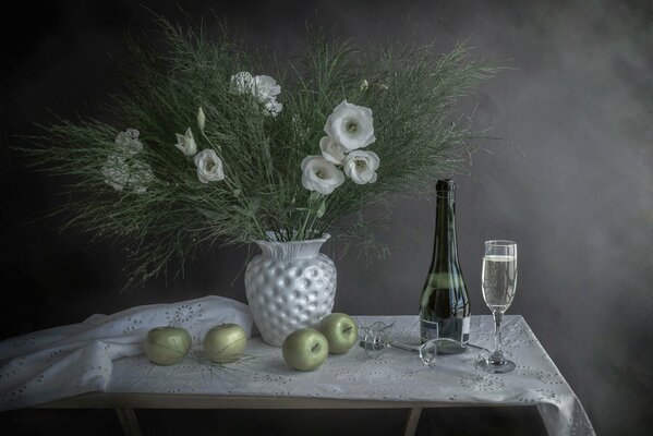 New Year s still life with flowers, apples and champagne
