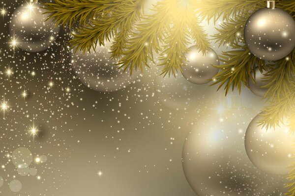 Golden balls on the branches of a fir tree