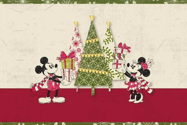 Mickey Mouse und Minnie am Weihnachtsbaum mit Geschenken