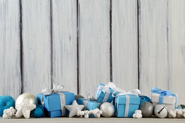 Blue and white gift boxes and Christmas balls