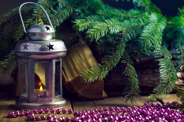 New Year s composition with a lantern and a Christmas tree