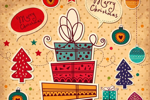 Merry Christmas greeting card with gifts