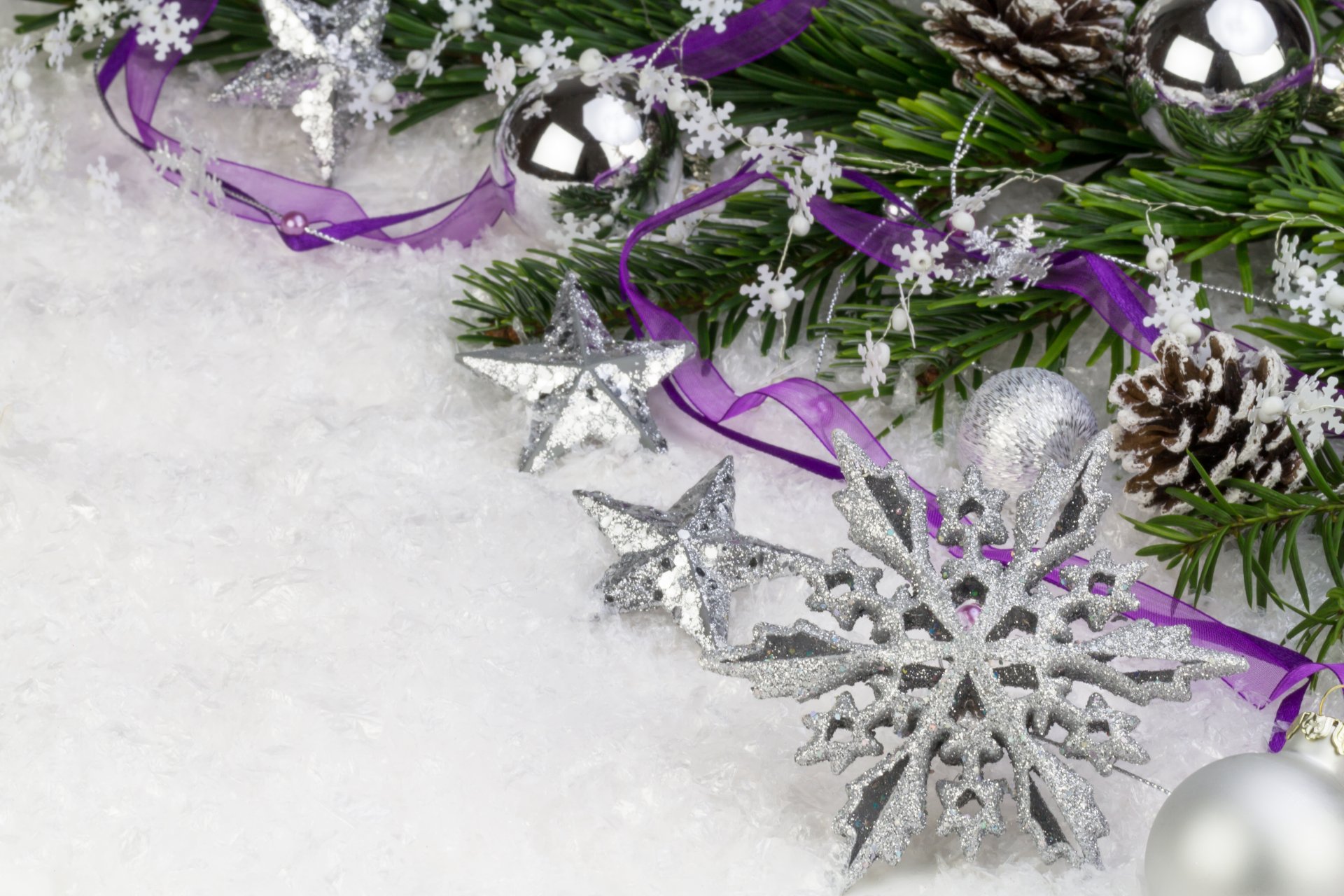 nowflake cones ribbon purple snow balloons christmas tree stars silver decorations branch spruce new year christma