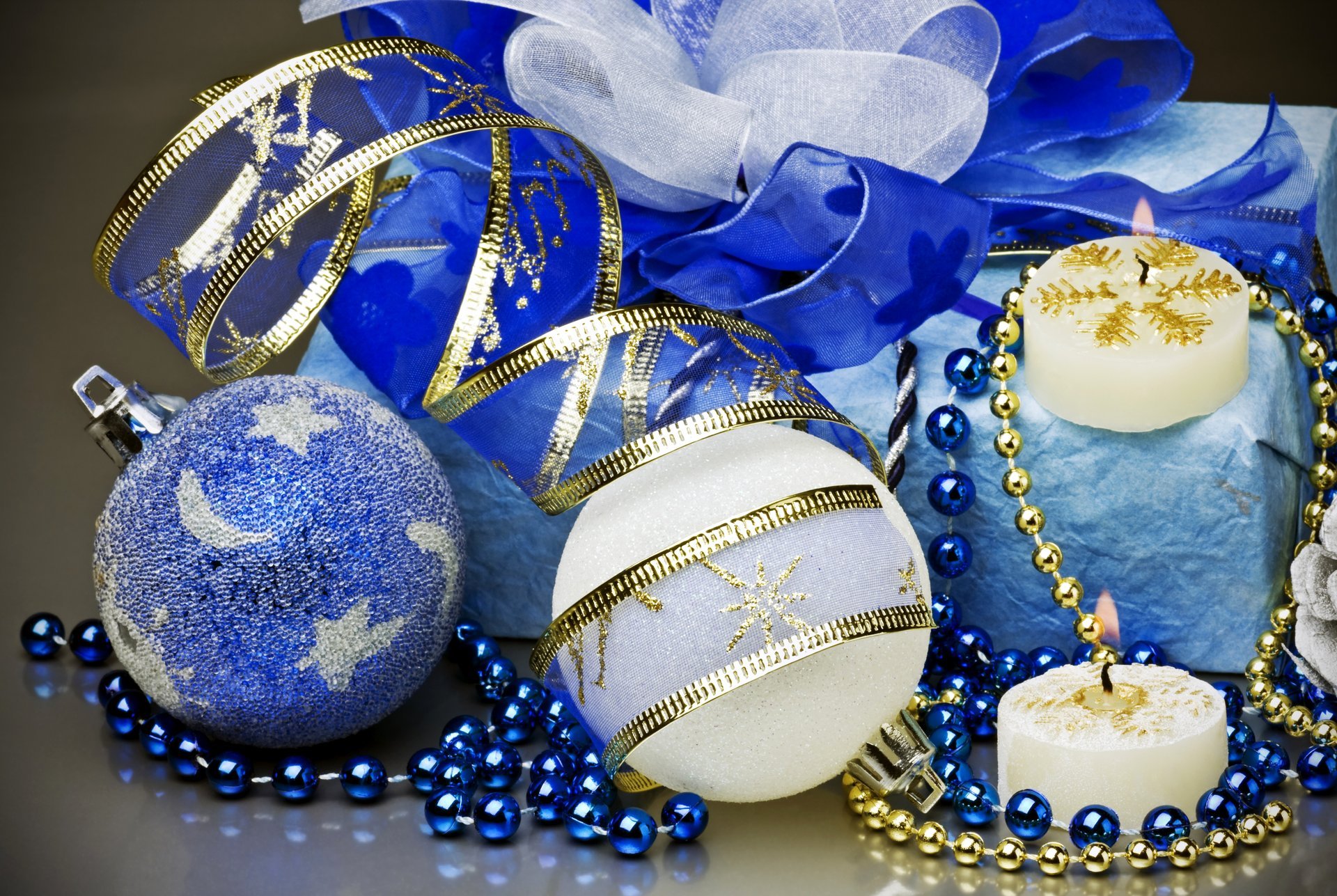 new year christmas balloons blue white toys christmas tree candles beads ribbons gift decorations winter holiday