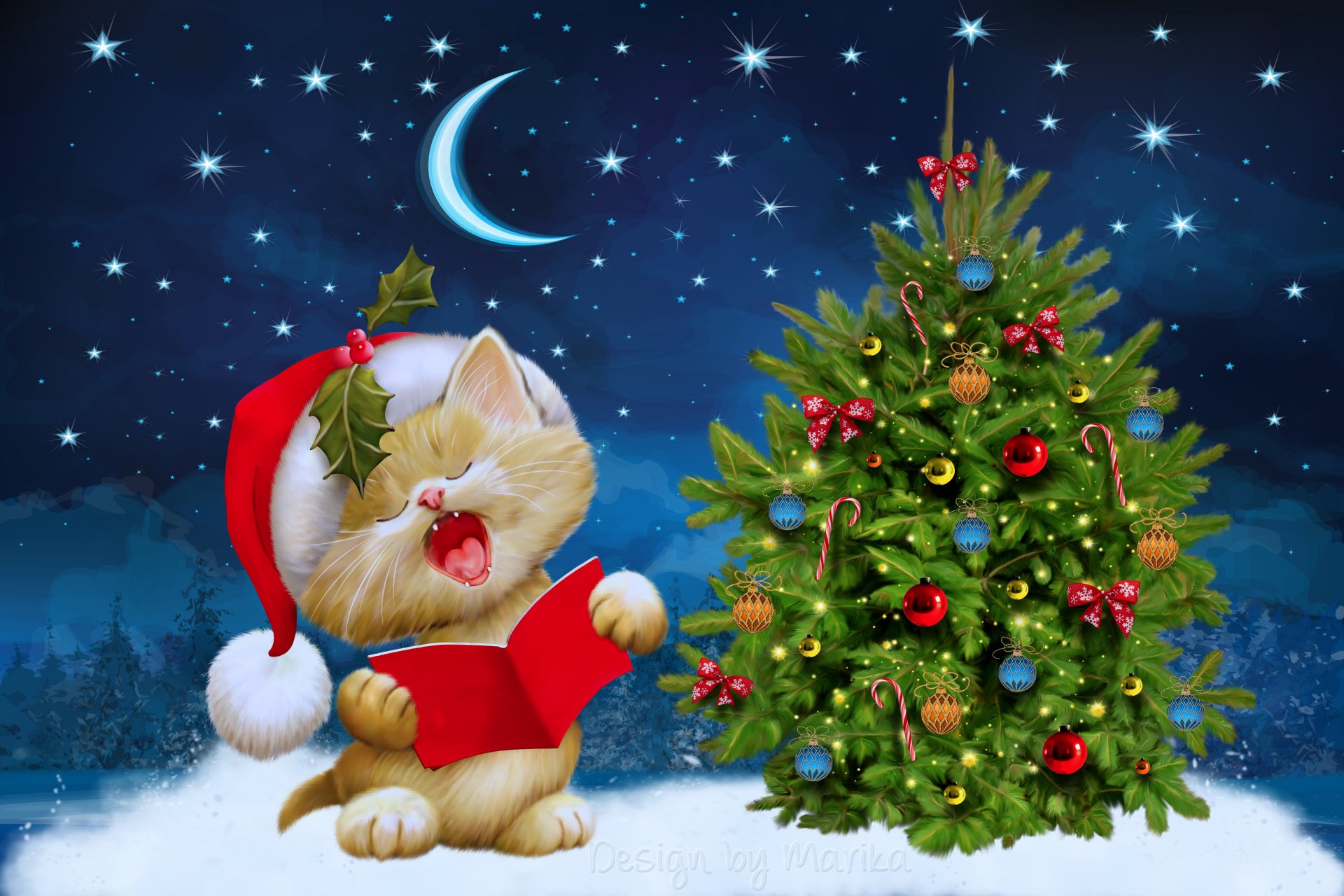 conception de marika joyeux noël nuit arbre chaton père noël neige hiver nouvel an veille de noël lune étoiles hiver arbre de noël