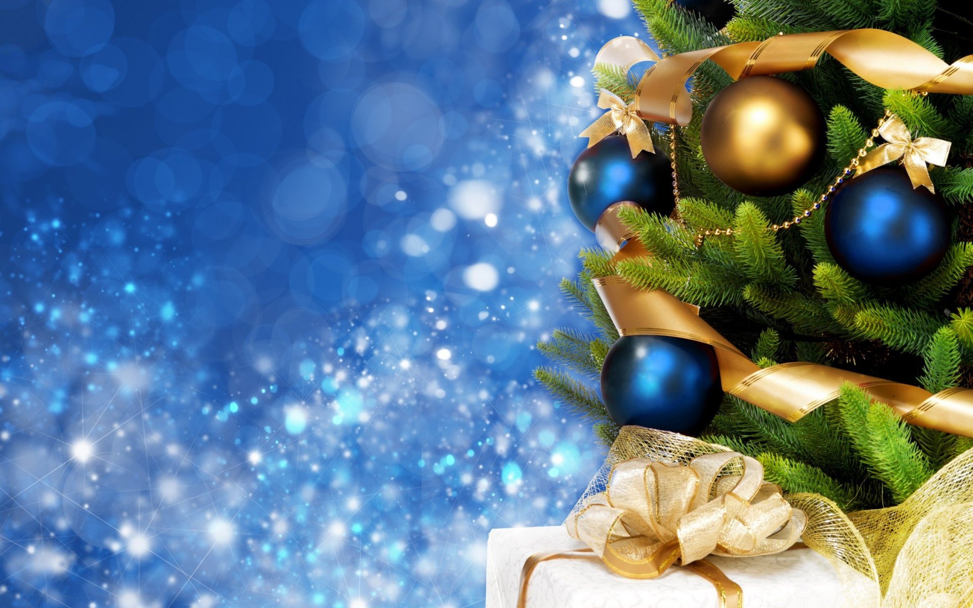 new year holiday chritmas christmas tree spruce christmas toys balls cone bow gifts blue presents background wallpaper widescreen full screen hd wallpapers fullscreen