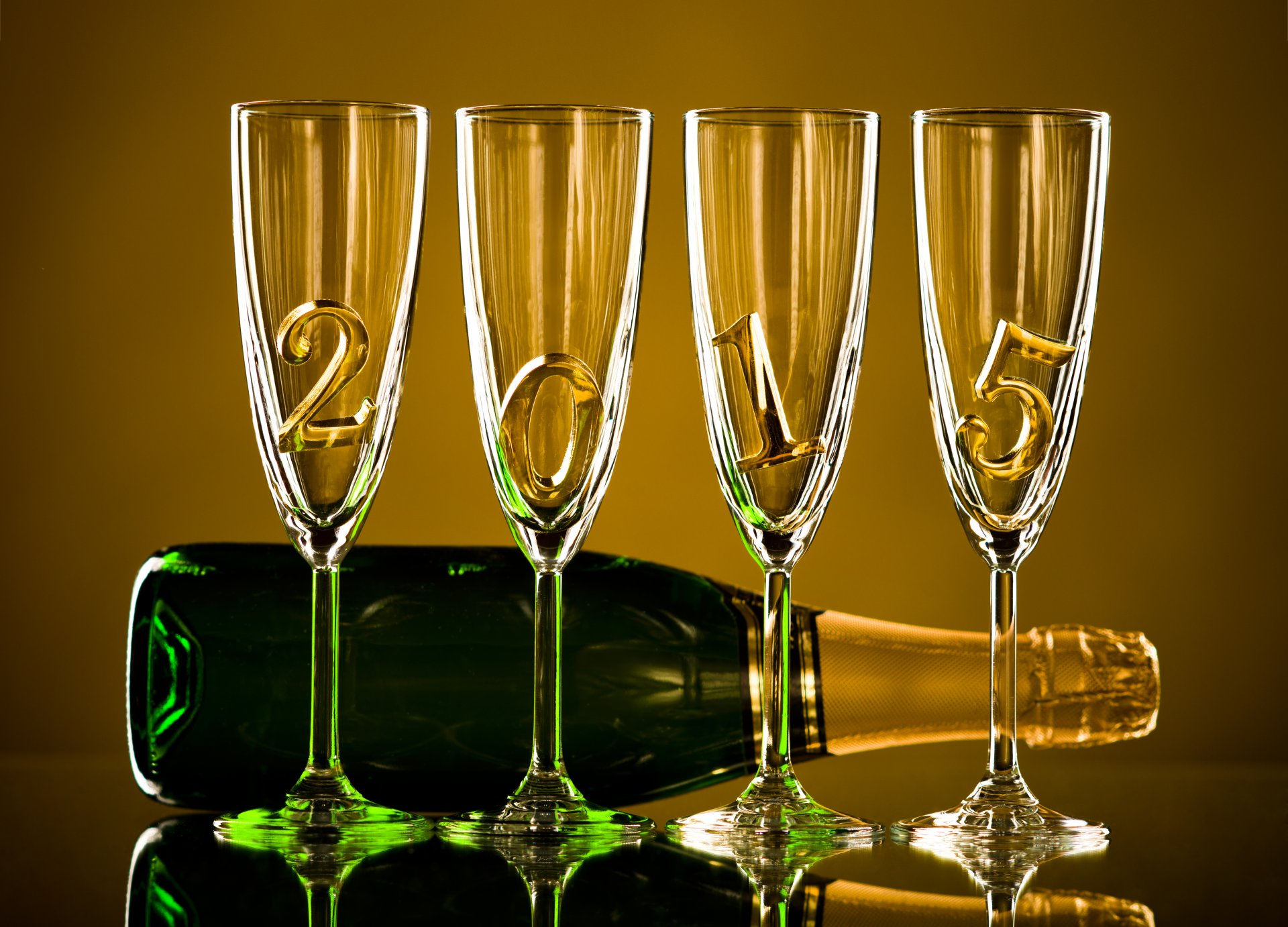 happy new year 2015 gold champagne glasses a bottle