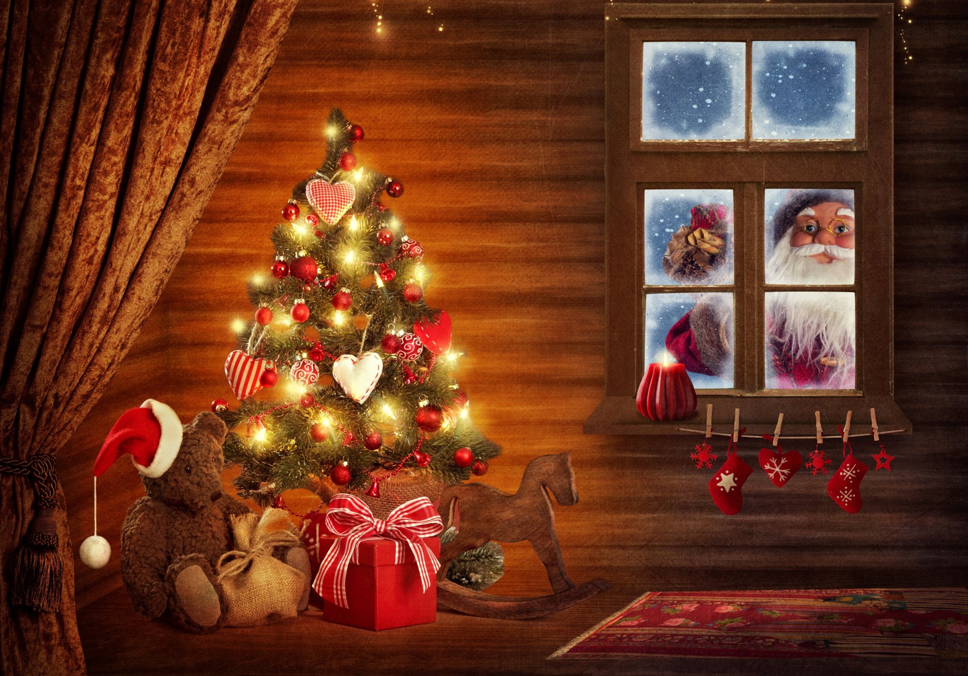 weihnachten weihnachtsmann neujahr weihnachtsbaum fenster dekoration enders mütze hut geschenke herzen teddybär weihnachtsmann weihnachtsbaum dekoration haube herzen teddybär