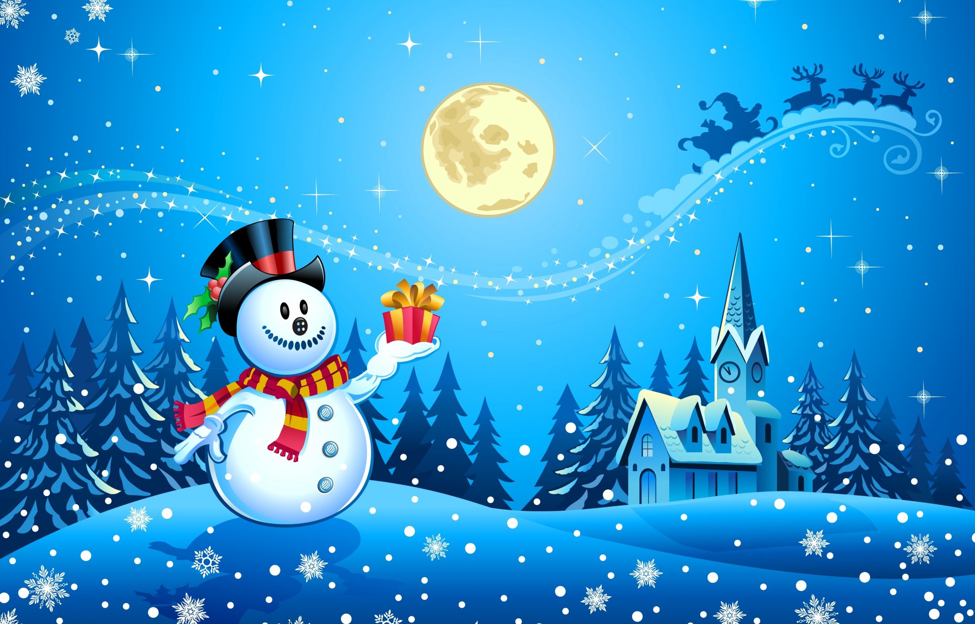 año nuevo muñeco de nieve feliz navidad nieve árboles bufanda ciudad de hielo luna llena santa claus renos casas reloj medianoche feliz navidad santa claus nieve