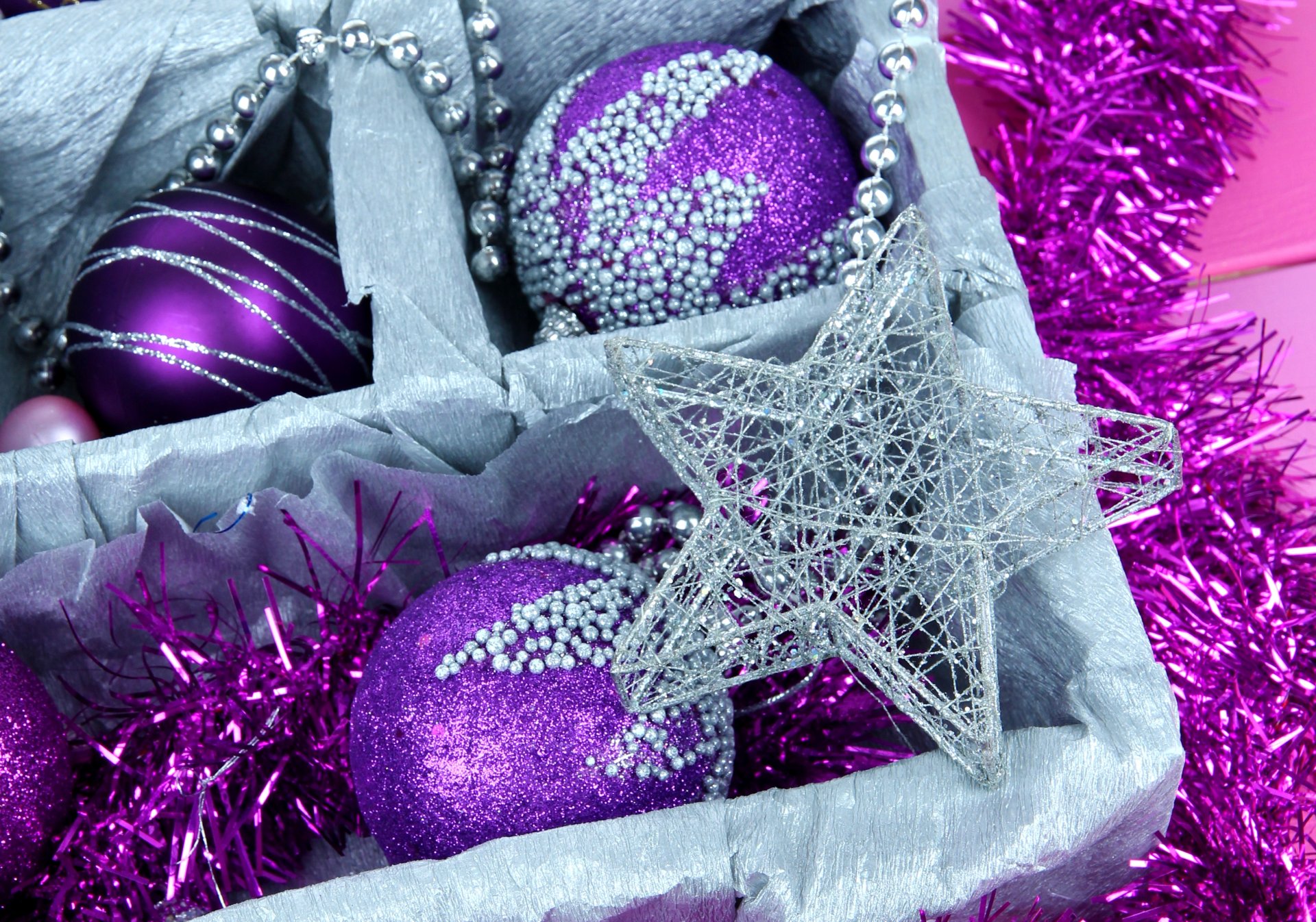 palle palle viola lilla stella pioggia tinsel box decorazioni giocattoli albero di natale vacanze inverno nuovo anno natale