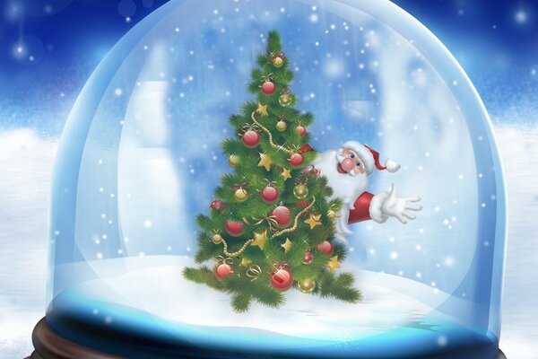 Santa Claus and a Christmas tree in a snow globe