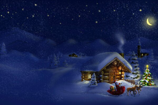 Verschneite Hütte im Wald zu Weihnachten