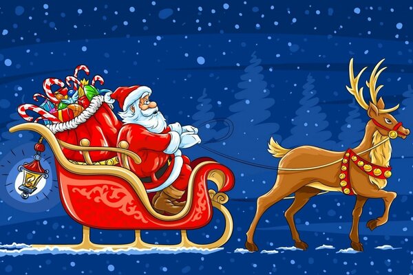 Santa Claus auf einem Schlitten mit einem Rentier trägt Geschenke