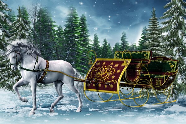 A white horse driving a rich golden cart through a snow-covered coniferous forest