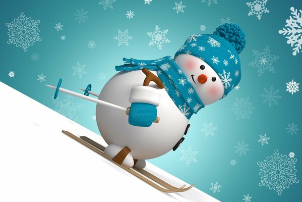 Рождественский снеговик катается на лыжах