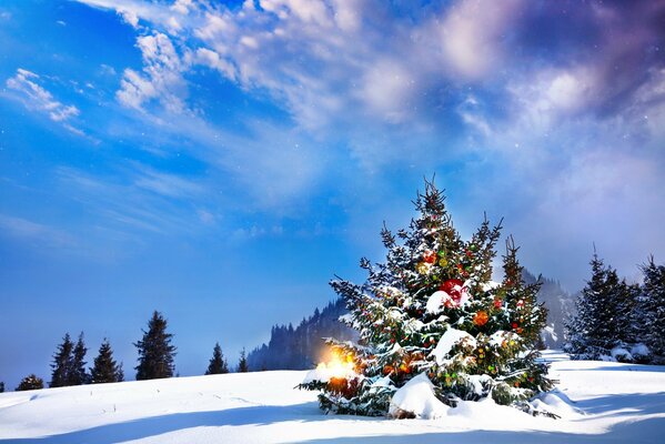 A decorated Christmas tree in the forest