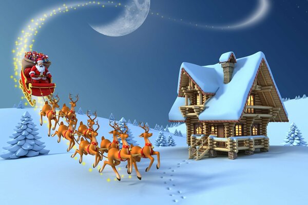 Santa Claus in a sleigh with reindeer rides with gifts to the house