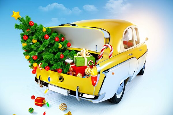 Voiture avec coffre plein de cadeaux