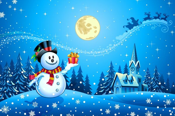 Bonhomme de neige avec cadeau en regardant le ciel nocturne