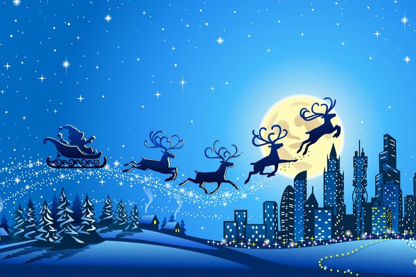 Santa Claus in a sleigh with reindeer flies to the city with gifts