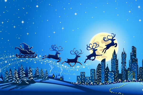 Santa Claus en un trineo con renos vuela a la ciudad con regalos