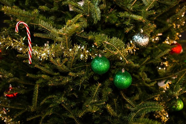 Rami dell albero di Natale decorati con giocattoli e dolci