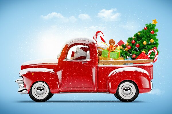Camión de año nuevo cargado de regalos y árbol de Navidad