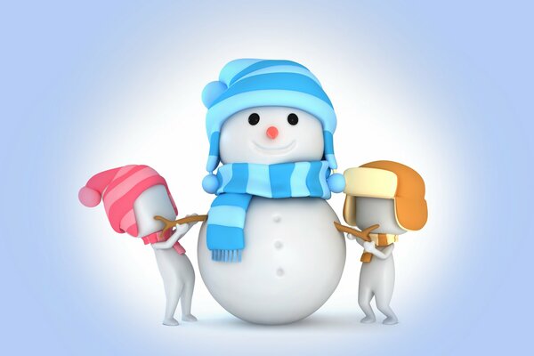 A snowman in a blue hat and scarf made by children in hats