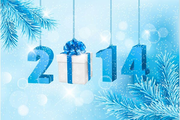 Fond de nouvel an 2014 dans le style bleu avec des branches d épinette et avec un cadeau