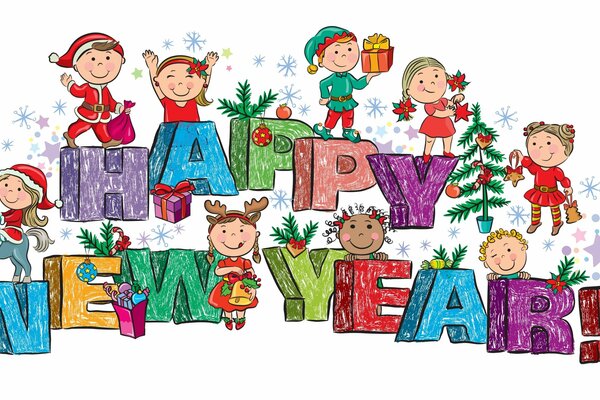Inschrift Frohes neues Jahr mit Spielzeug und Kindern