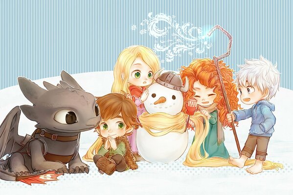 La compagnia di personaggi dei cartoni animati scolpisce un pupazzo di neve