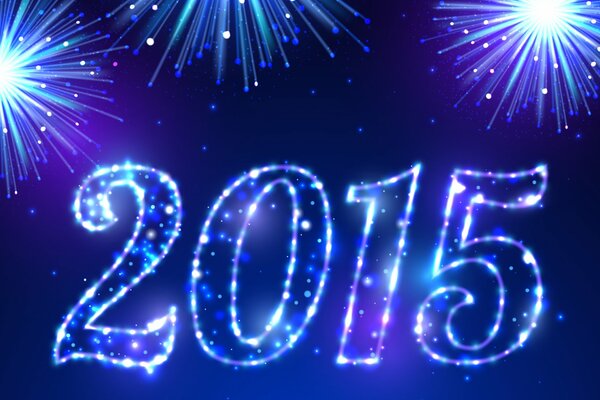 На темно синем фоне светящаяся надпись 2015 и фейерверки